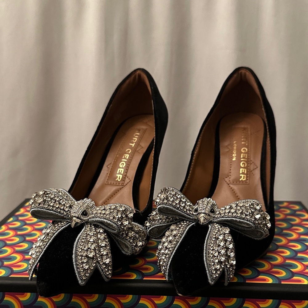 Kurt Geiger Black Velvet Heels with Crystal Embellishment